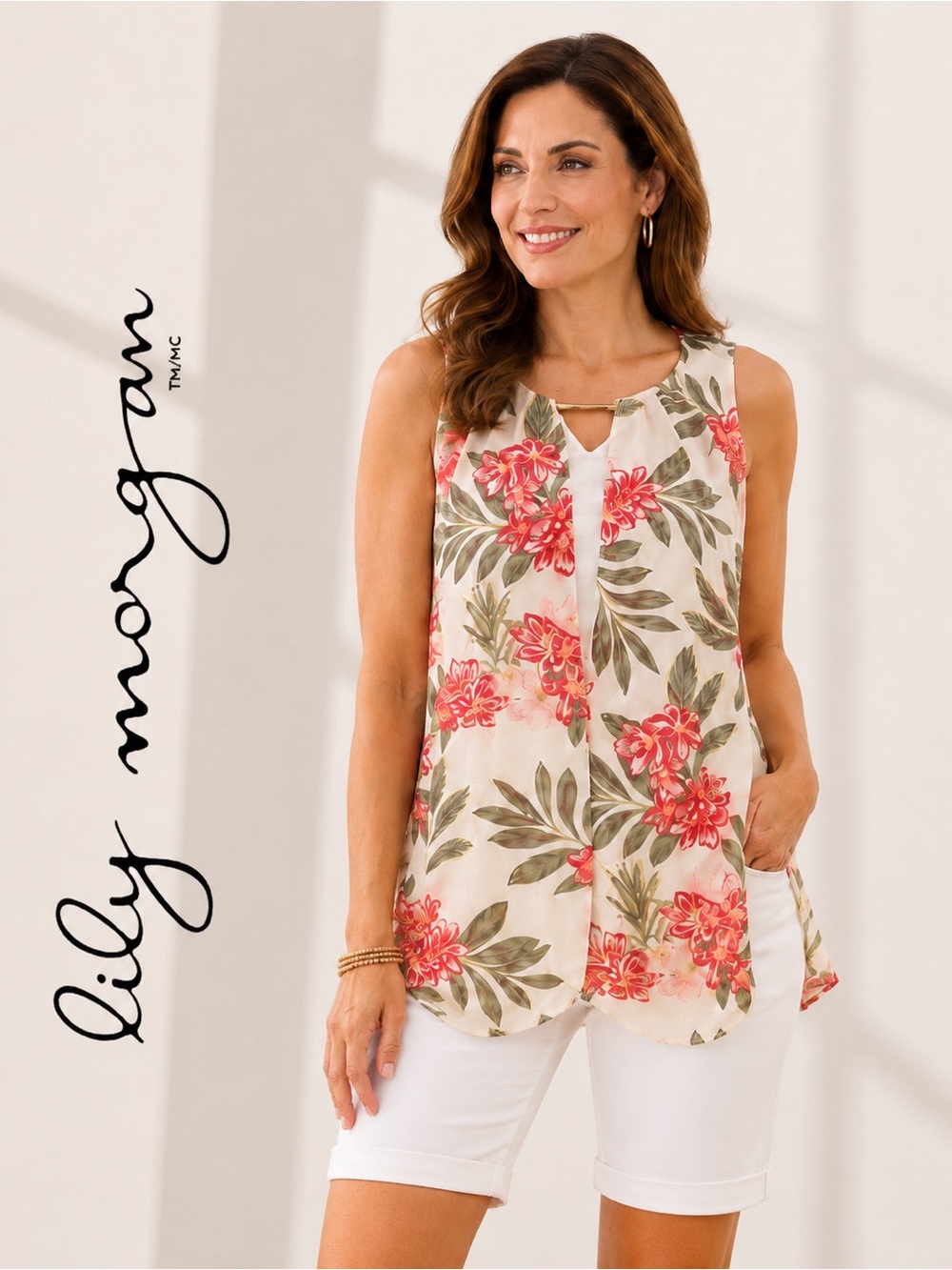 •Lily Morgan White Coral Floral Layered Tunic Blouse Sleeveless |. Medium